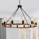 Modern Farmhouse Wagon Wheel Chandelier, 12-Light Large Black Rustic Chandelier with Wood Finish for Dining Room, Round Hanging Ceiling Light Fixture for Kitchen Island Entryway Foyer Living Room