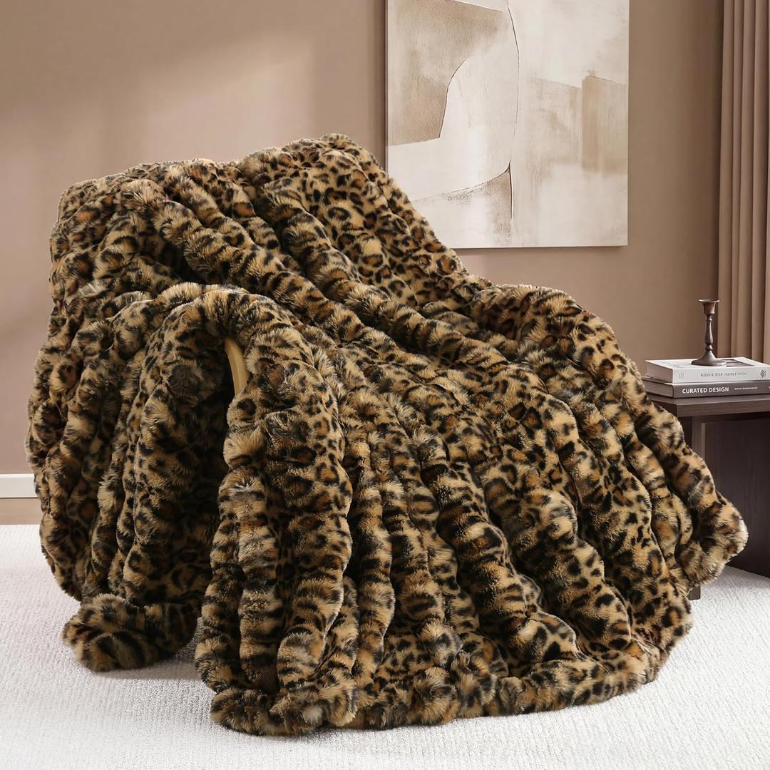 Faux Fur Throw for Couch - Leopard Brown Bubble Blanket 50"x60" | Fluffy Plush Fuzzy Cheetah Throw for Sofa & Bed, Super Soft Cozy Comfrt Blanket,Luxury Aesthetic Leopard Decor Gift for Women