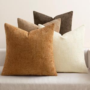 MIULEE Pack of 4 Brown Couch Throw Pillow Covers 18x18 Inch Soft Fall Decorative Chenille Pillows Farmhouse Accent Cushions for Boho Home Decor Spring Sofa Bedroom Living Room