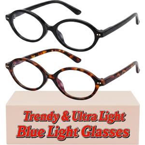 2 Pack Oval Blue Light Glasses for Women, Lightweight TR90 Small Frame with Spring Hinge for All-Day Comfort, Anti UV Glare & Eyestrain (Whiskey Tortoise + Black)