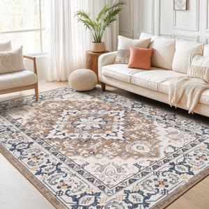 Lofus 6x9 Area Rugs for Living Room, Washable Area Rug, Rugs for Bedroom, Kitchen, Vintage Boho Carpet, Soft Non-Slip, Low Pile Large Area Rug for Office Dining Room, Floral Brown