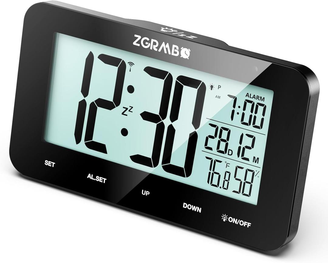 ZDAXOAH Digital Alarm Clock, Atomic Alarm Clock for Bedrooms with Indoor Temp, Humidity, Date, Alarm Time - Auto Set Atomic Clock - Auto DST, Desk Small Clock with Night Light