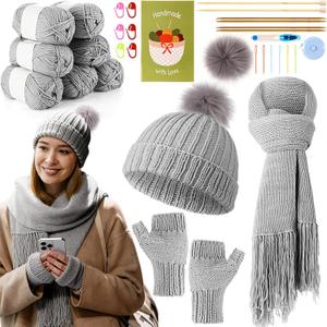 Maasechs Knitting Kit for Beginners, Learn to Knit Kit for Adults, Complete Hat, Scarf, Gloves Starter Bundle with Step-by-Step Instructions Includes Wool Yarn, Needles & Accessories (Gray)