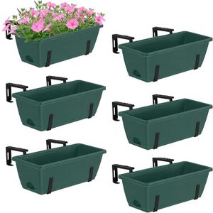 YBING Window Deck Railing Planter Box for Outdoor 6 Pack Deck Railing Planter Boxes Green Plastic Hanging Flower Planters Box with Adjustable Brackets
