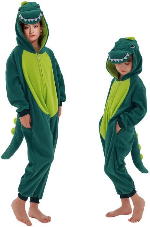 Udekit Cartoon Anime Dinosaur Onesie Romper, Cute Pajamas Sleepsuits Cosplay Costume for Kids Adults Halloween Party (Medium, Green)