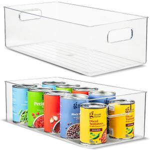 Plastic Food Storage 2 Pack Clear Container Bin with Handles for Organizing Kitchen, Pantry, Refrigerator, Freezer, Pantry, Cabinet, Closet, Bathroom. 16”x8”x5”