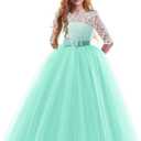 Girls Flower Vintage Floral Lace 3/4 Sleeves Floor Length Dress Wedding Party Evening Formal Pegeant Dance Gown (9-10 Years, Mint Green)