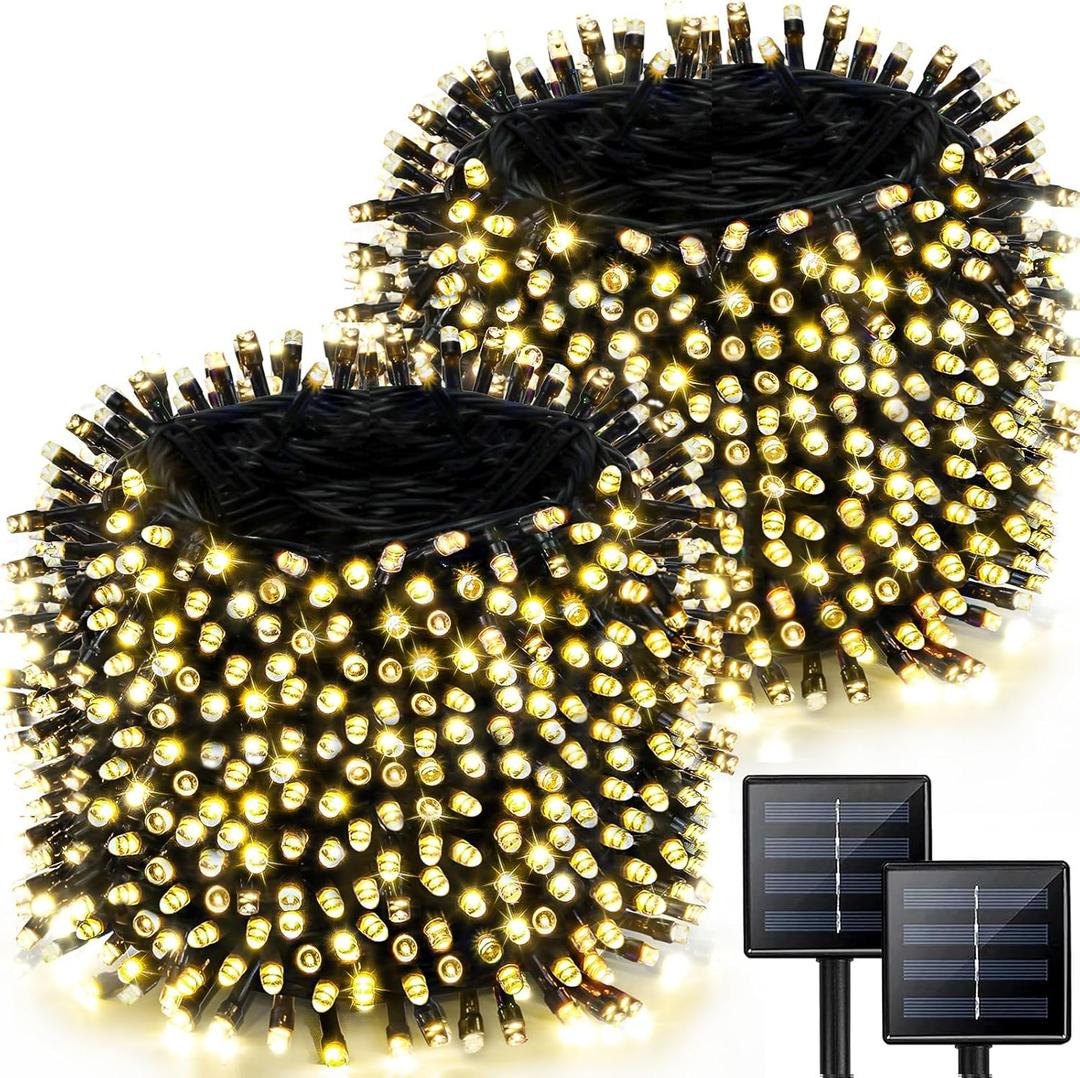 2 Pack 480 LED Solar String Lights for Outside, 170 FT Super Long Solar Chrismas Lights Outdoor with 8 Modes & Memory Function, Waterproof Twinkle Light for Xmas Tree Party Decorations (Warm White)