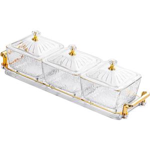 Glass Serving Tray Serving Dishes for Dried Fruits Platters for Wedding, Party Appetizer Tray with 3 Individual Bowls Snack Tray with Lid, transparent