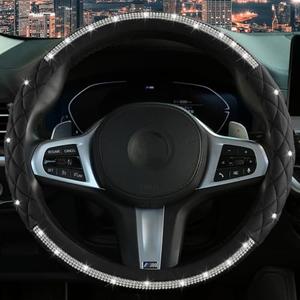 Steering Wheel Cover，with Sparkly Crystal Rhinestone, Delicate and Anti-Slip Bling Steering Wheel Cover ，Adaptable to 14.5-15 inches Car Wheel Protector for Women Girl，Diamond Car Accessories, Black