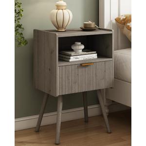 Nightstand,Modern Bedside Table with Storage Drawer and Open Wood Shelf, for Living Room, Bedroom and Small Spaces, Accent Night Stand with Solid Wood Legs, Easy Assembly,Grey Oak