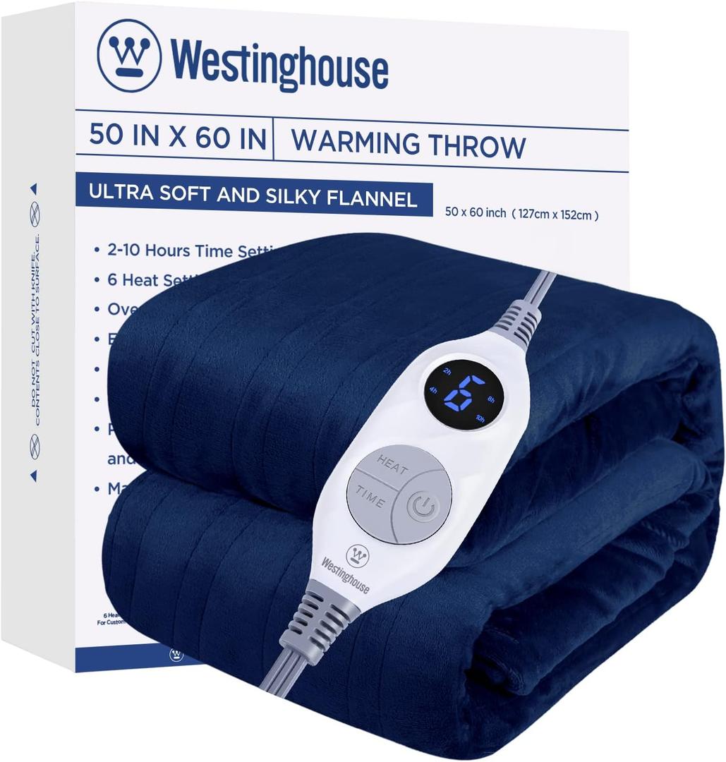Westinghouse Electric Blanket Heated Throw, Super Cozy Soft Flannel 50"" x 60"" Heated Throw with 6 Fast Heating Levels & 2-10 Auto-Off, Machine Washable, ETL&FCC Certification, Navy Blue