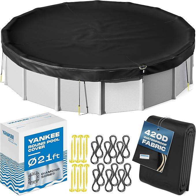 Yankee Diamond Series Pool Covers for Above Ground Pools | All-Weather Windproof Light 21ft Round Pool Cover w/ 12 Screw-In Pegs, 12 Ropes | 3 Mounting Methods, Strong Fastenings for Triple Protection, Size 21" ft 
