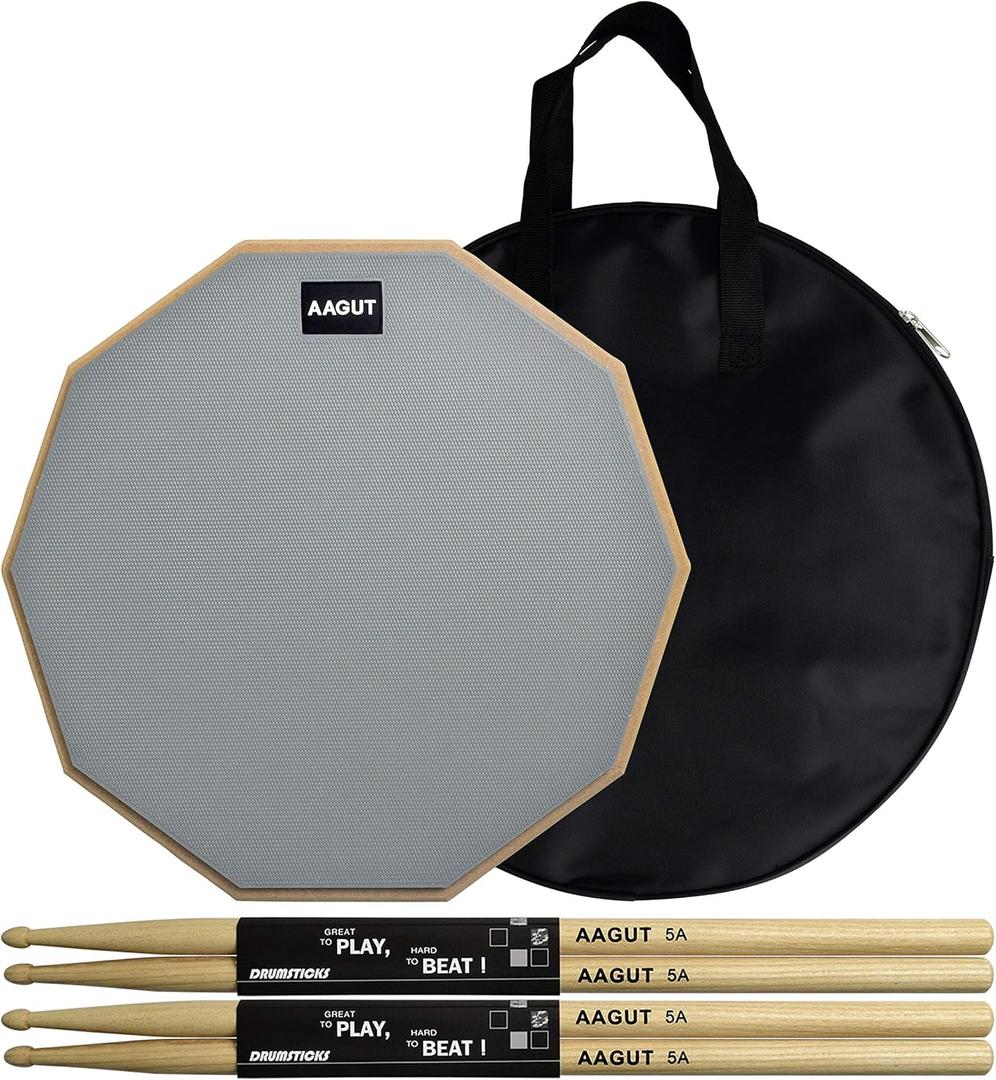 AAGUT Practice Pad with Drum Sticks Set, 12 Inch Marching Band Bass Snare Drums Pads with 4 Hickory Classic Drumsticks and Carry Bag (Gray)