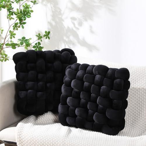 Wenqik 2 Pcs Knot Pillows Square Knotted Plush Throws Soft Accent Pillows Decoration Cushion for Couch Home Office Living Room Bedroom Bed Sofa Decor, 12'' x 13''(Black,Crystal Velvet)