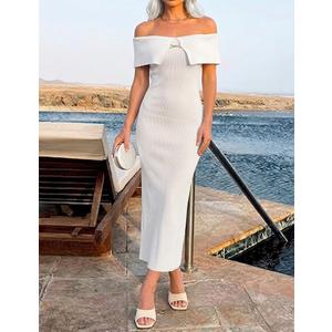 ZESICA Women's Off Shoulder Bodycon Maxi Dress 2026 Summer Ribbed Knit Cocktail Party Formal Sweater Dresses White Medium