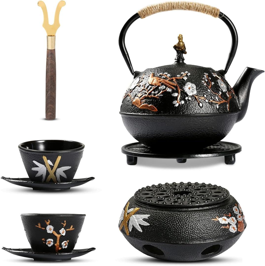 Dyna-Living Cast Iron Teapot with Warmer Japanese Tea Kettle 720ml/24.5oz Japanese Cast Iron Teapot Set with 2 Tea Cups Tea Pot with Infuser Tea Kettle for Wood Stove or Stovetop (Style 3)
