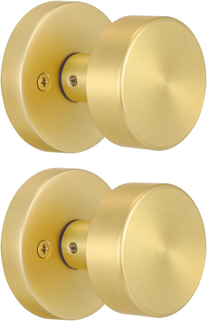 2 Pack Gold Dummy Door Knob Satin Brass Dummy Door Knobs Interior, Round Modern Door Knob Brushed Gold Dummy Door Handle Interior for Hall Pantry Closet Door Knobs