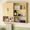 Bathroom Wall Cabinet Wood Large Wall Mounted Medicine Cabinet with 2 Doors and 4 Open Shelves Over Toilet Storage Cabinet Organizer with Towel Bar,Wood