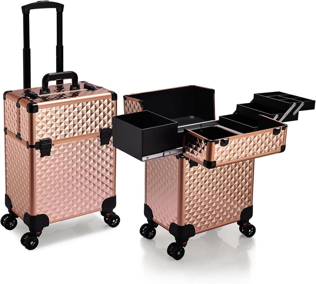 Stagiant Rolling Makeup Train Case Large Storage Cosmetic Trolley 4 Tray with Sliding Rail Removable Middle Layer with Key Swivel Wheels Salon Barber Case Traveling Cart Trunk (Rose Gold)
