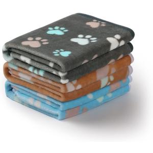 Luciphia 1 Pack 3 Blankets Fluffy Premium Fleece Pet Blanket Flannel Paw Printed Throw for Dog Cat(Small 23x16'', Grey/Brown/Blue)