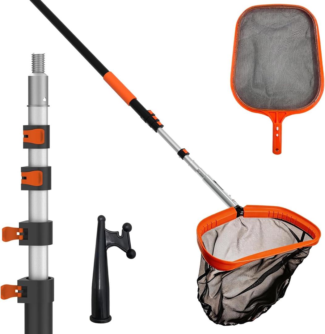 LAANPOLE 4-in-1 Pool Skimmer Net with Pole, Heavy Duty Pool Net and Fine Mesh Leaf Skimmer Net for Above Ground Pool, 16FT Telescopic Pool Pole with Professional Pool Net and Pool Hook for Cleaning