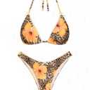 Seamolly Leopard Floral Triangle Bikini Set Lace Trim Halter Swimsuit, Leopard, L