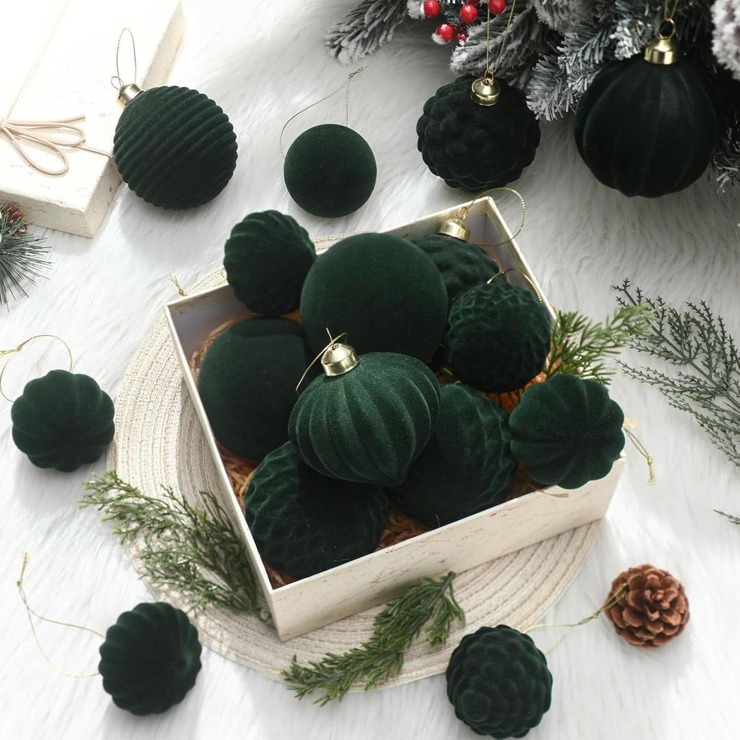 Tigeen 24 Pcs Velvet Glass Christmas Balls 2.36'' 3.15'' Flocked Ornaments for Christmas Tree Assorted Xmas Decorative Hanging Ornaments for Xmas Party Supplies Holiday Decor(Dark Green)