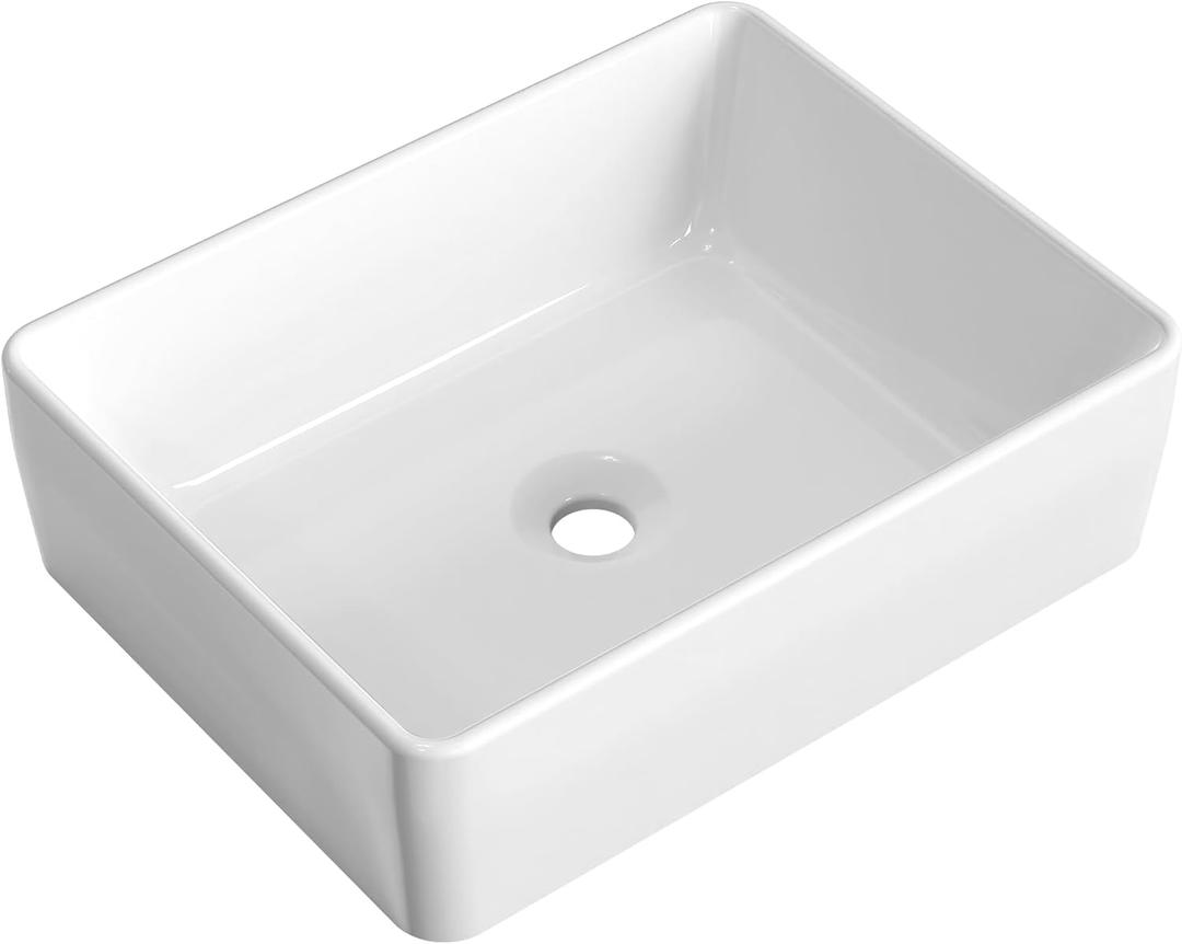 KES Rectangular Bathroom Vessel Sink White 19x15 Inches Rectangle Above Counter Countertop Porcelain Ceramic Vanity Sink, BVS110