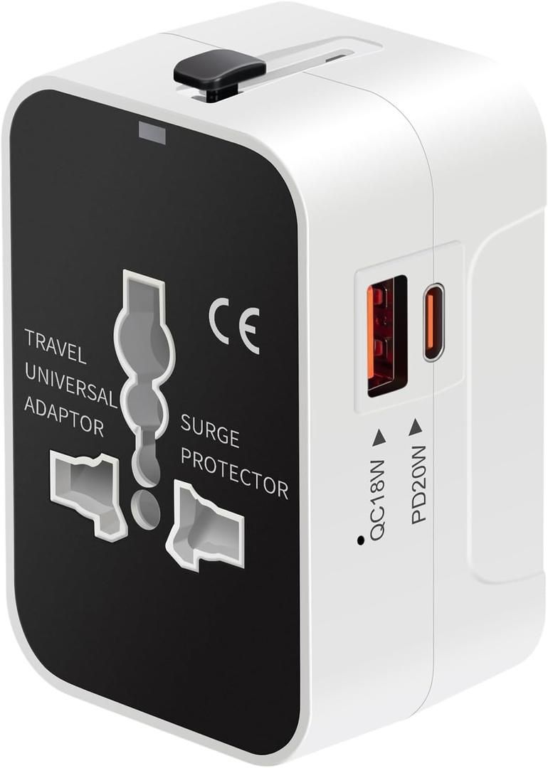 International Universal All in One Worldwide Travel Adapter Fast Charger with PD 3.0 Type C & USB-A Quick Charging Wall Charger AC Power Plug Adapter for USA EU UK AUS European Cell Phone Laptop (White)