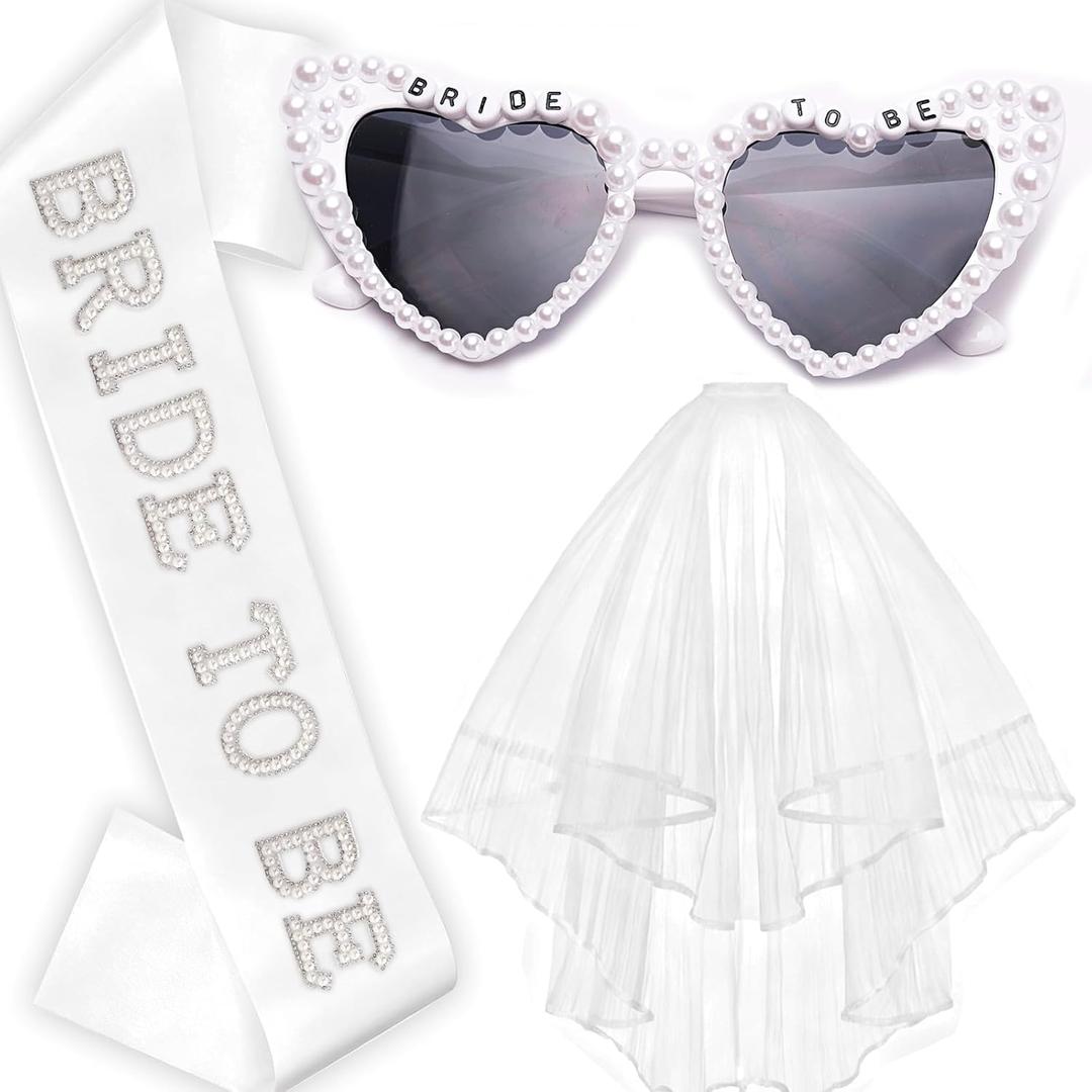 Bachelorette Party Bride to Be Decorations - 3 PCS | Pearl Sash, White Heart Sunglasses, Veil | Bridal Shower Favors, Wedding, Engagement