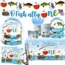 Ofishally One Birthday Decorations,142Pcs Gone Fishing 1st Birthday Party Supplies Our Little Man Is Ofishally Turning Plates Napkins Cups Tablecloth for O Fishally One First birthday Party Supplies