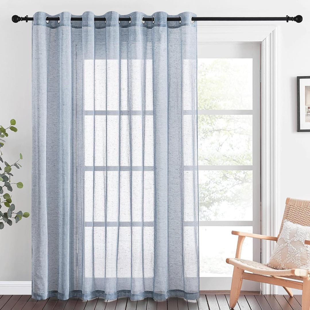 NICETOWN Linen Sheer Sliding Door Curtain 100 Inch, Eyelet Top Semi Privacy Window Treatment Light Filtering Flax Sheer Drapes for Guest Room, W100 x L84, 1 Panel, Sea Mist