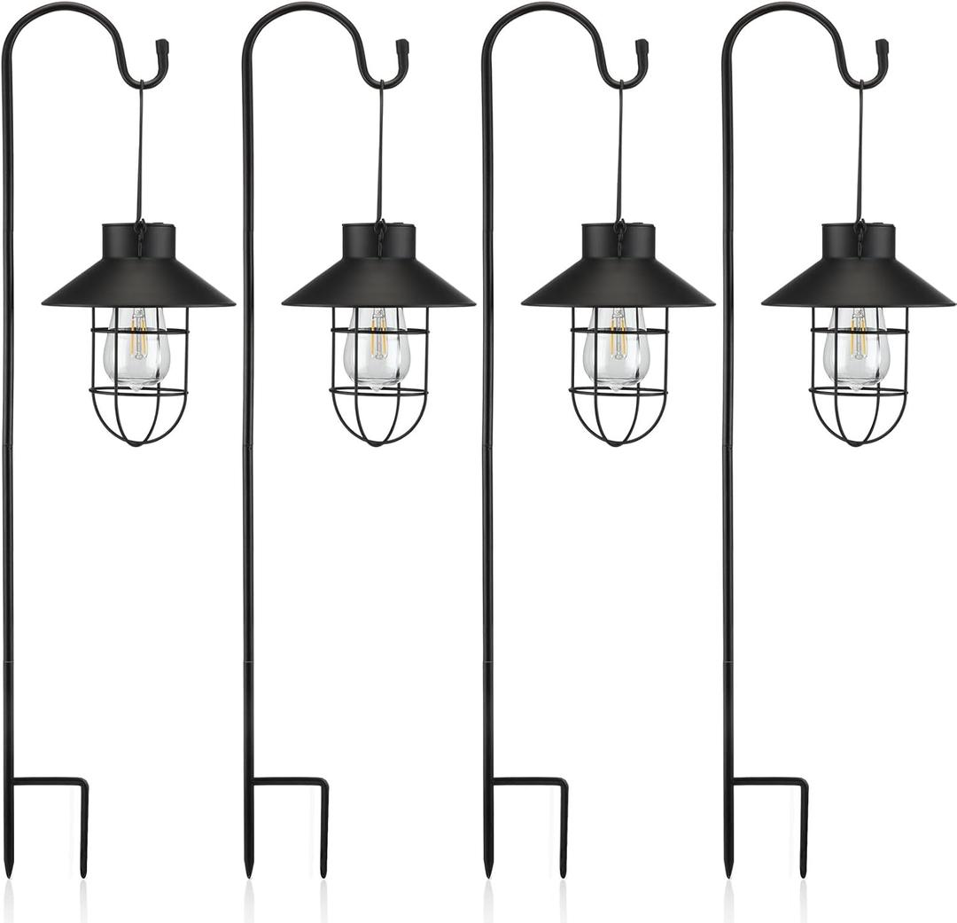 Retisee 4 Pack 31 Inch Hanging Solar Light Outdoor with Shepherd Hook Solar Lanterns Outdoor Waterproof Metal Garden Lantern for Patio Yard Lawn Pathway Driveway Markers(Black)