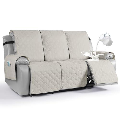 VANSOFY Waterproof Recliner Couch Covers, Sofa Covers Non-Slip 1-Piece Washable Reclining Sofa Cover Furniture Protector with Elastic Straps Pocket for Dogs, Pets (Beige,3 Seater)