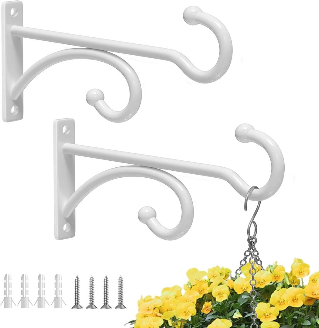 2 Pcs Planter Hooks for Hanging Plants - Plant Hanger Hook Indoor Outdoor, Plant Wall Hooks, Brackets for Hanging Plants, Baskets, Wind Chime, Bird Feeder, Bird House (White, Metal)