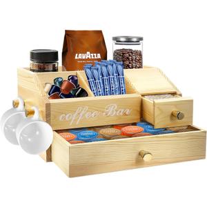 Coffee Station Organizer - Farmhouse Wood Kcup Holder for Counter, Countertop Snack Organizer with Hanging Handles, Suitable for Snacks, Coffee Capsules, Syrups and Various AccessoriesWood