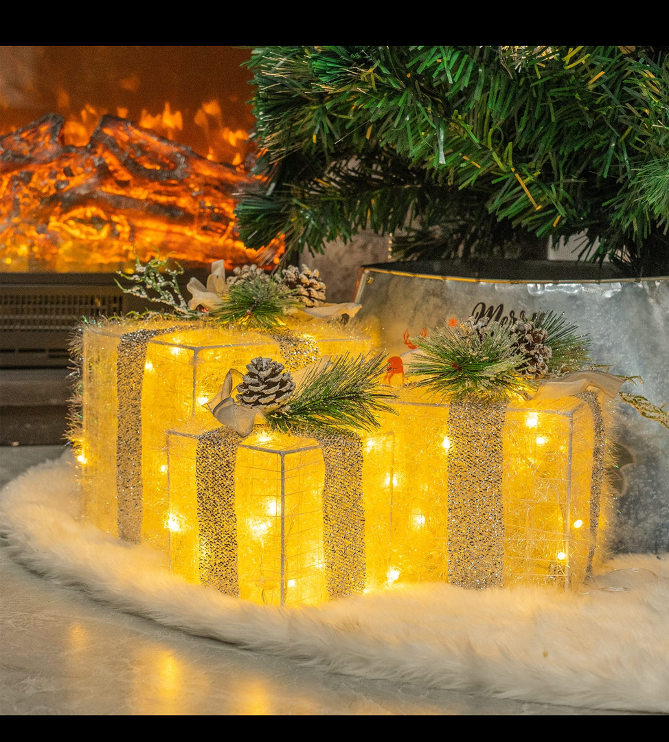 Set of 3 Christmas Lighted Gift Boxes, Plug in 60 LED Light Up Tinsel Present Box Decorations for Outdoor Indoor Christmas Tree, Yard, Home Decor (Max. Size 7.5 x 7.5 x7.1 Inch) (Warm White)