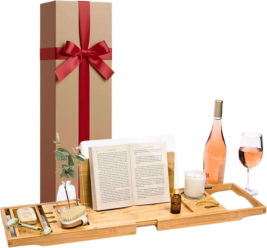 Waterproof Shield Keeps Your Book Open Extendable Bamboo Bathtub Tray with Glass Holder Protects from Drips and Splashes - Luxury Bath Tub Caddy Tray for Relaxing in The Bathtub