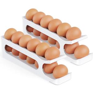 Egg Holder for Fridge, 2 Tiers Auto Rolling Forward (Can not Roll Down), Egg Storage Organizer for Refrigerator, Slim Space Saving Container, Dispenser - Egg Roller for Eggs 24 Count, Non-Stackable