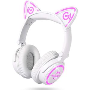 Kids Headphones, Cat Ear Headphones Wired & Wireless, Led Lights Up, Foldable Bluetooth Wireless Headphones with Microphone for Travel iPad Tablet, Gifts for Kids & Adults (White)