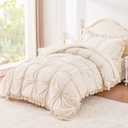 Twin Comforter Set for Girls, Boho Pintuck Bedding Comforter Sets, 4 Pieces Ruffles Jacquard Embroidery Twin Bedding Sets with Comforter, Fitted Sheet, Flat Sheet and Pillowcase, Beige