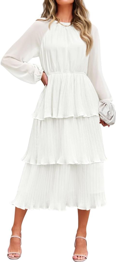 ZESICA Women's 2025 Long Sleeve Crew Neck Ruffle Tiered Layered Chiffon Flowy Swing Long Midi Dress (Large, White)