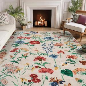 GarveeHome 8x10 Area Rug for Living Room, Floral Washable Rugs Low Pile, Soft Non Slip Vintage Carpet for Bedroom, Kitchen, Dining Room, Office, Beige