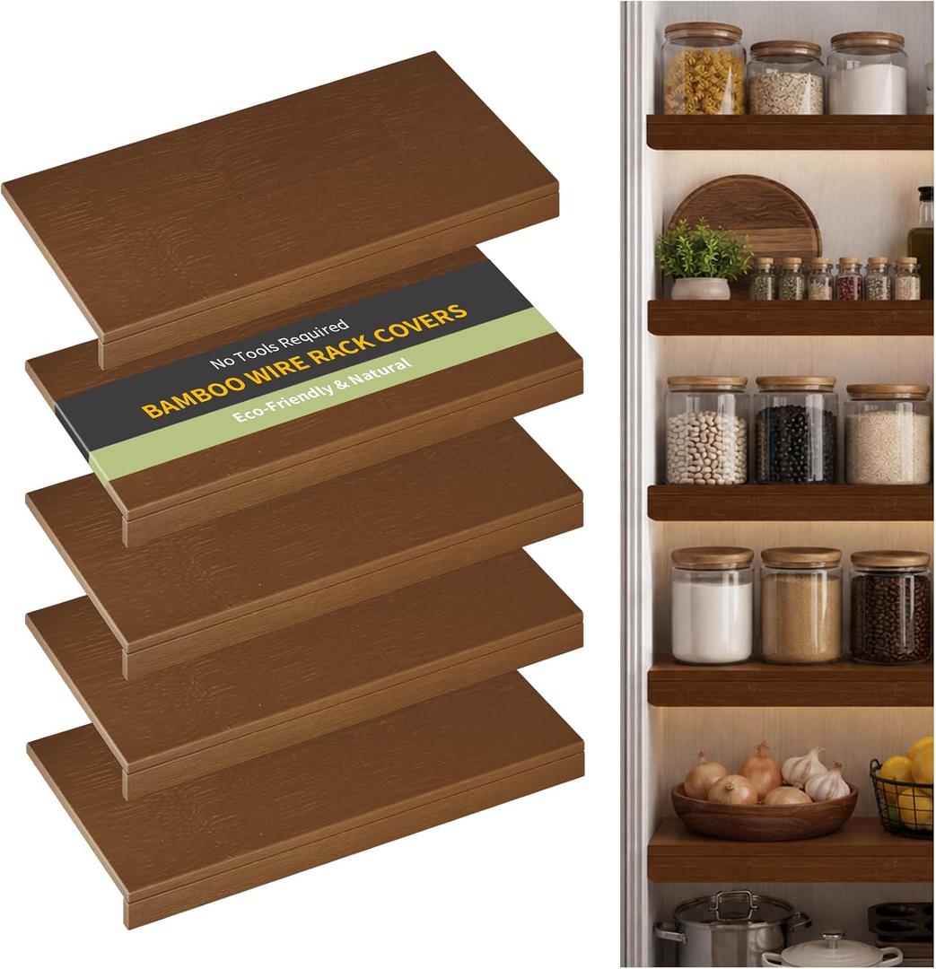 Wire Shelf Covers, Bamboo Wire Rack Covers for Pantry, ClosetKitchen (5pcs, 32" W x 16" D, Walnut)