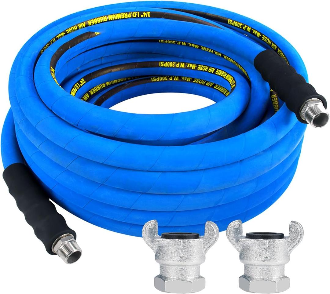3/4 inch x 50FT Rubber Air Hose Include 2 Pcs Chicago Style connectors, Air Compressor Hose 100% Rubber, 300 PSI, 50F to 190F Degrees High Strength Polyester Braided Replacement Air Line Kit