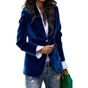 LKOUS Velvet Blazer Women Casual Long Sleeve Lapel Collar Button Blazer Jackets for Business Office (Large, Navy Blue)