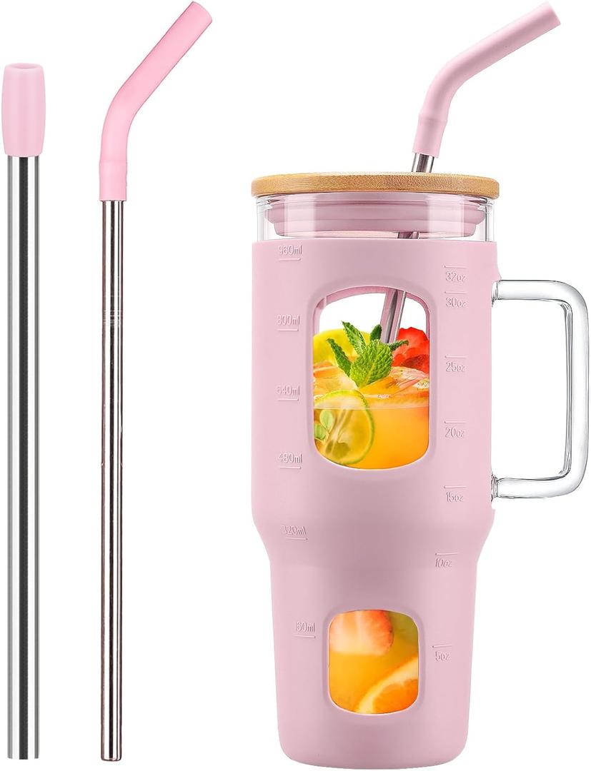 Glass Tumbler with Straw and Lid, 32 oz Glass Cup with Handle, Glass Water Bottles with Time Marker, 2 Straws - Pearl Straw & Drinking Straw Silicone Protective Sleeve-Pink