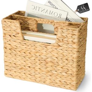 Wicker Magazine Basket, Handwoven Water Hyacinth Storage Bin & Organizer for Files, Books, Newspapers, Documents, Decorative Storage Bin with Handle for Office, Living Room, Dorm, Bathroom