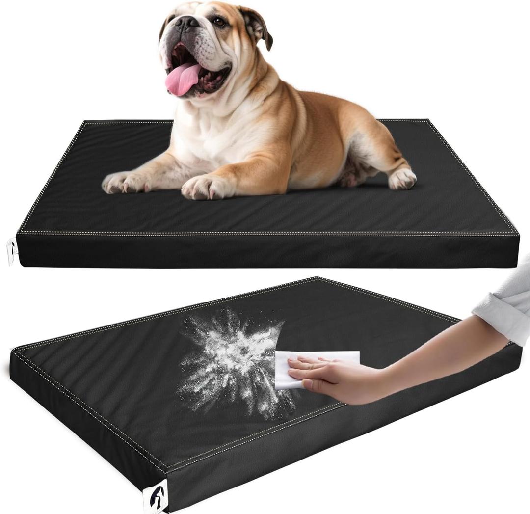 Waterproof Leather Dog Bed Crate Mat, Durable Pet Mattress for Medium Dogs, Wipeable Easy to Clean Black Vinyl Pad (28"L x 19"W x 3"Th)
